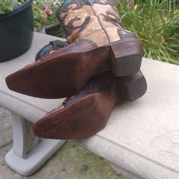 CORRAL AB019 "El Paso" leather snip toe cowgirl boot tan/brown/turquoise sz 9.5 - Picture 10 of 14